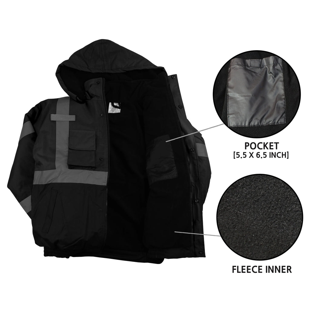 Black Safety Bomber Jacket with Detachable Hood T7423