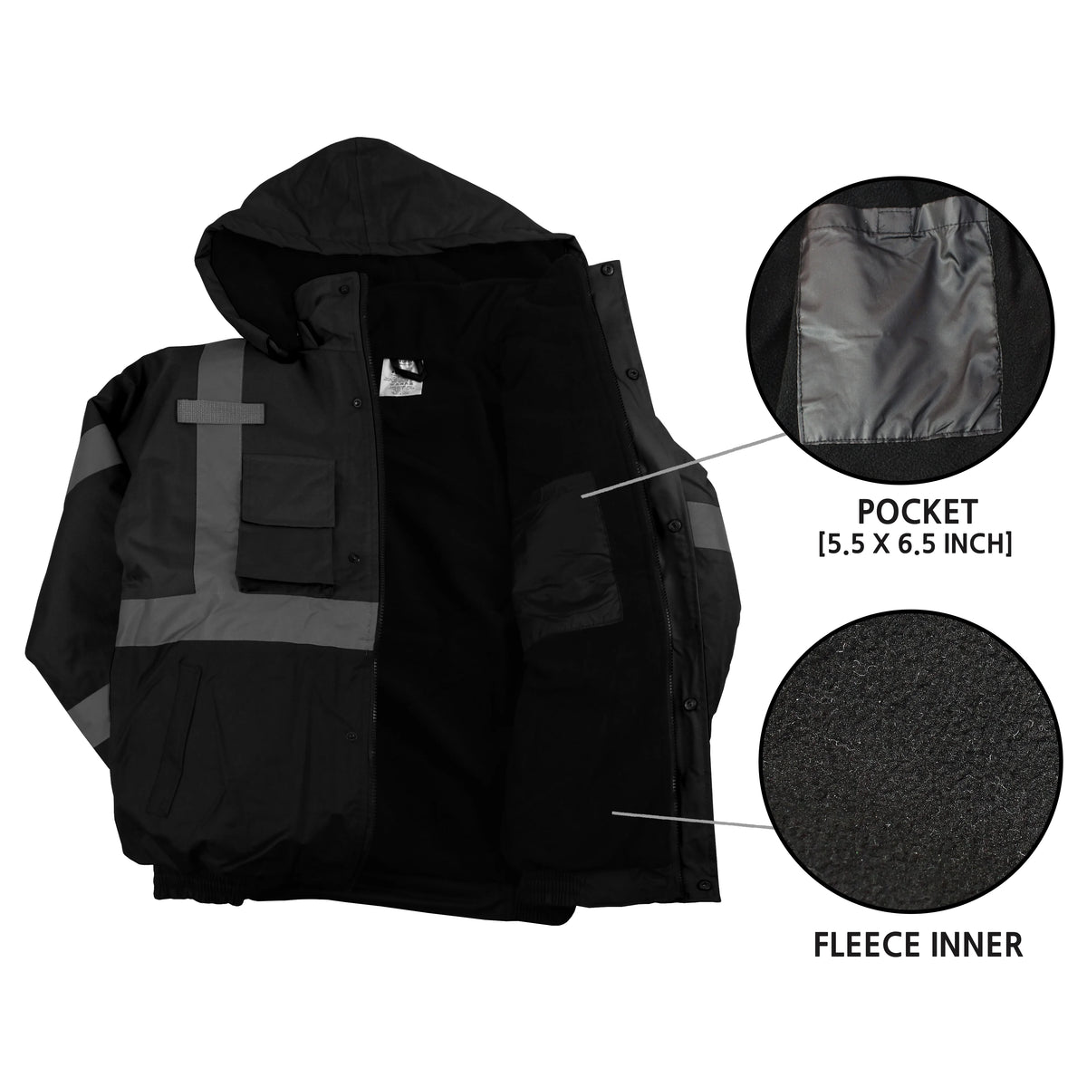 Black Safety Bomber Jacket with Detachable Hood T7423
