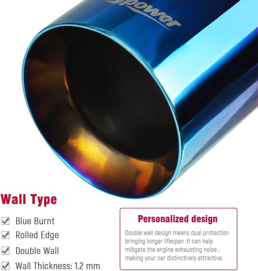 2.5 Inch Inlet 4 Inch Outlet Blue Burnt Exhaust Tip 9" Long Double Wall Straight Cut 304 SS Weld On Pack of 2 L43601