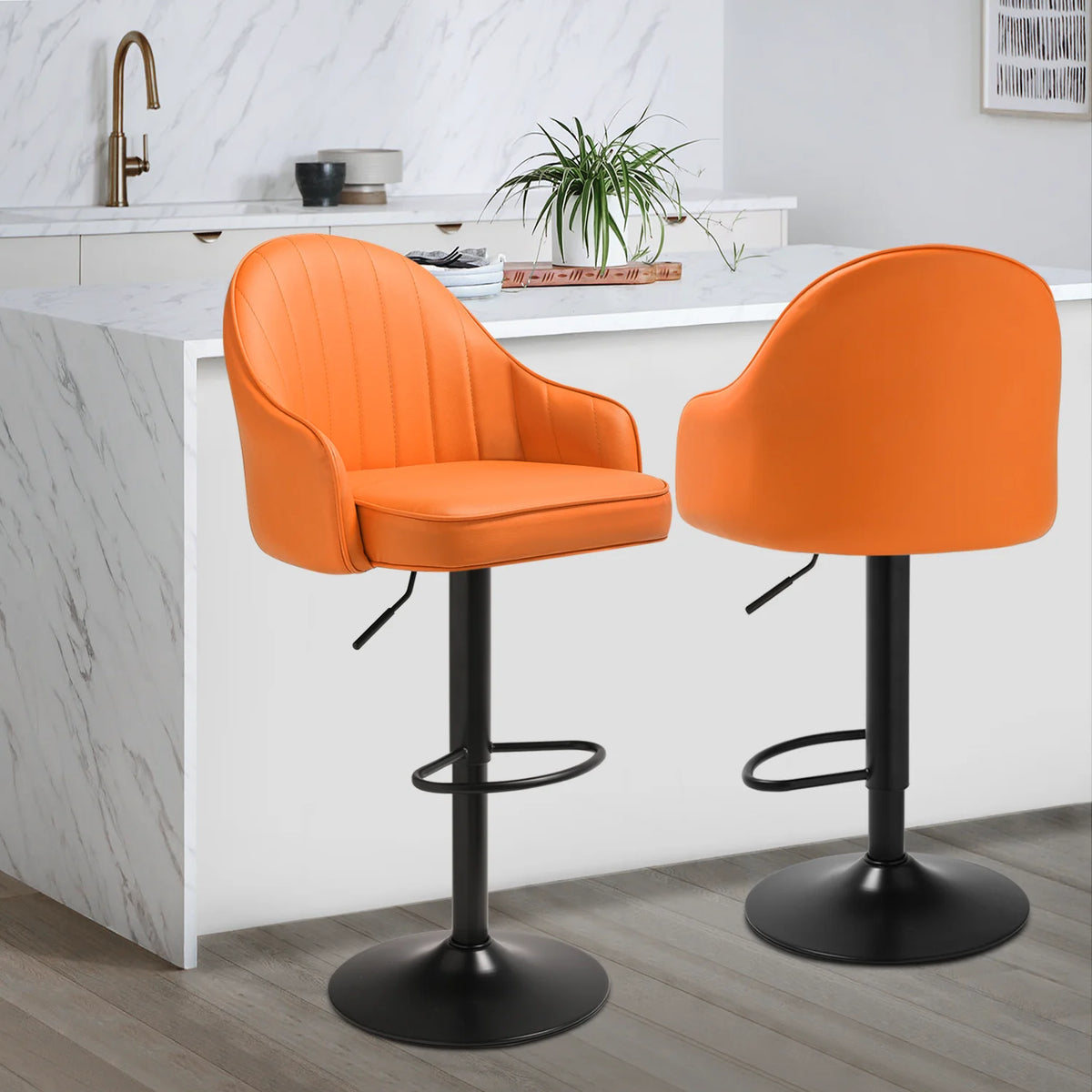 Orange Faux Leather Swivel Bar Stool Set of 2 with Backrest & Armrest R478978