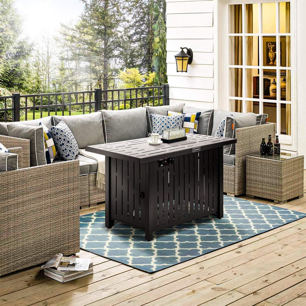 43in Outdoor Propane Gas Fire Pit Table with Glass Wind Guard, Glass Rock, Waterproof Cover Q537