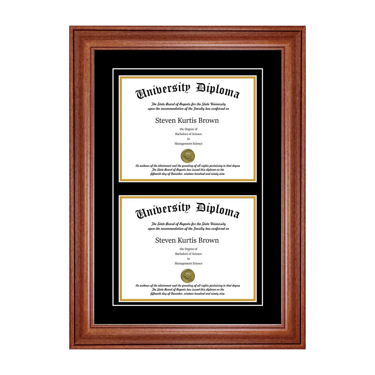 Double Diploma Frame with Double Matting for 8.5x22 x 11x22 Tall Diploma with Walnut Frame Z34082