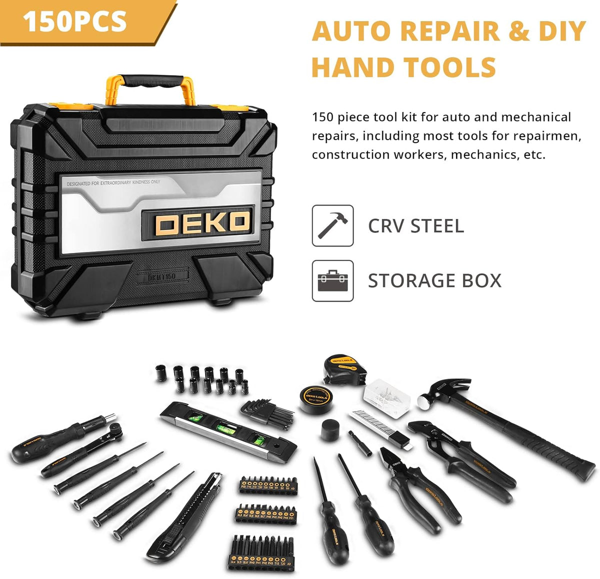 150 Piece Hand Tool Kit with Plastic Toolbox Storage Case M456275