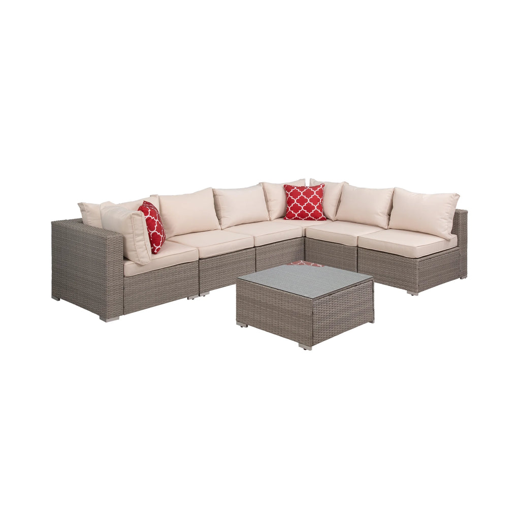 7-Piece Outdoor Rattan Wicker Sectional Seating Set with Cushions, Gray/Ivory O64938