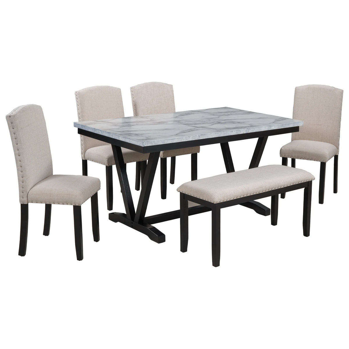 6-piece Dining Table with 4 Chairs & 1 Bench, White Y37832
