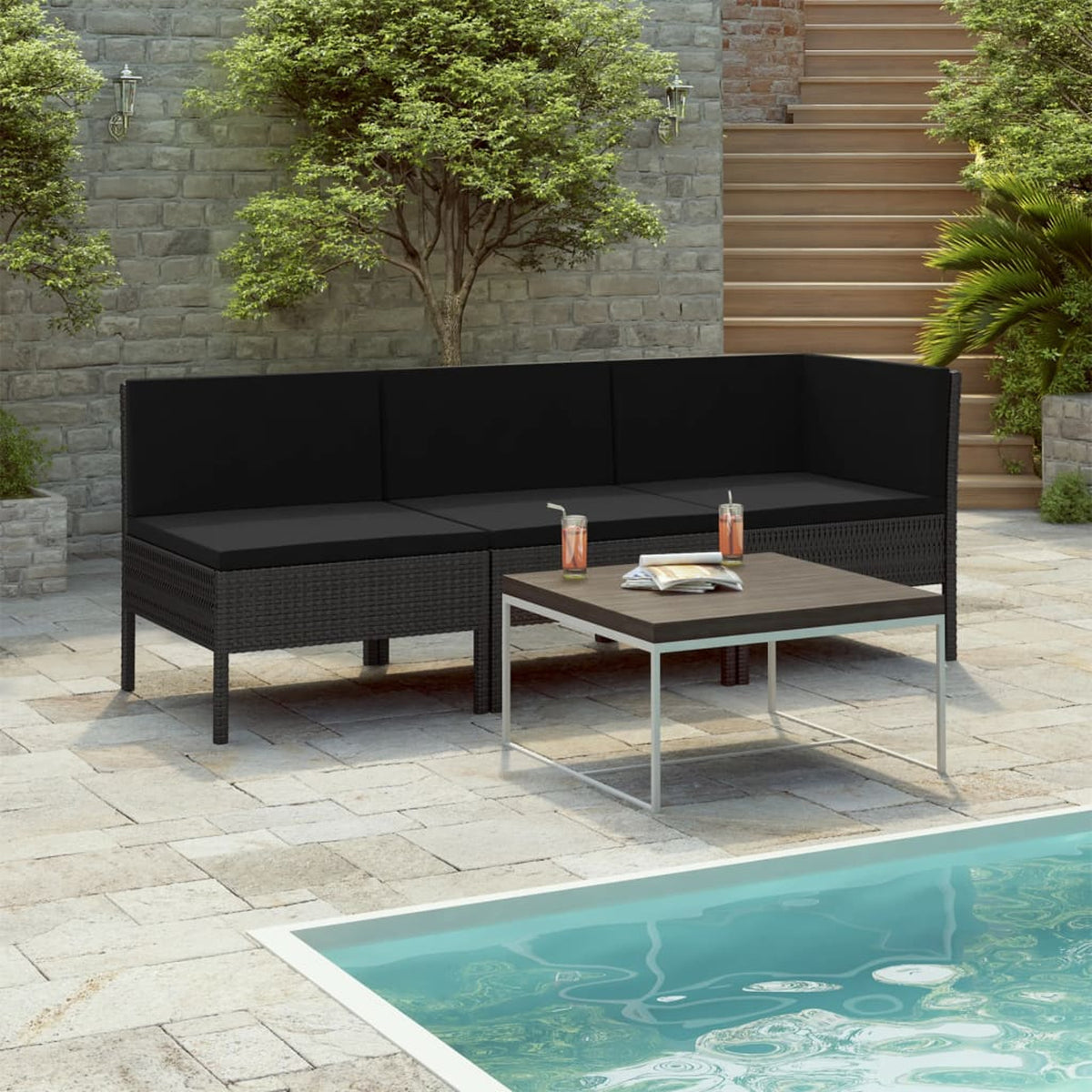 3 Piece Poly Rattan Outdoor Sectional Sofa Set with Cushions Steel Frame A13729