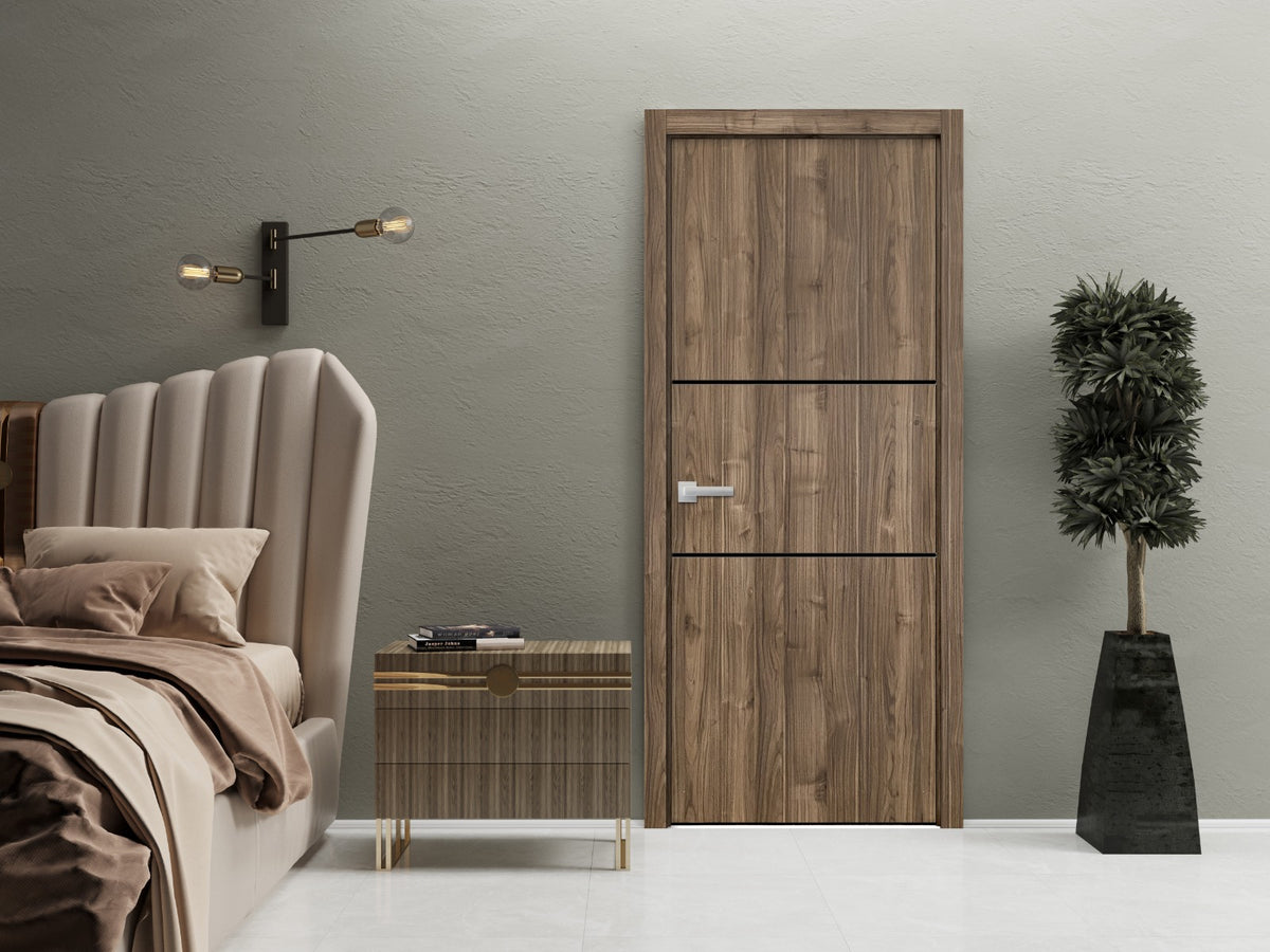 Solid French Door 32 x 84 inches Walnut with Frosted Glass Single Regular Panel Frame Trims Handle G613