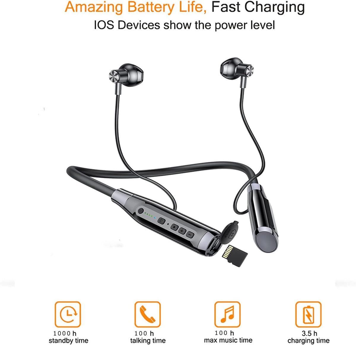 Bluetooth Headphones Neckband Wireless Headset with MP3 Function, 100 Hours Battery Life, Noise Cancelling Microphone, Semi-in-Ear Earbuds F9055