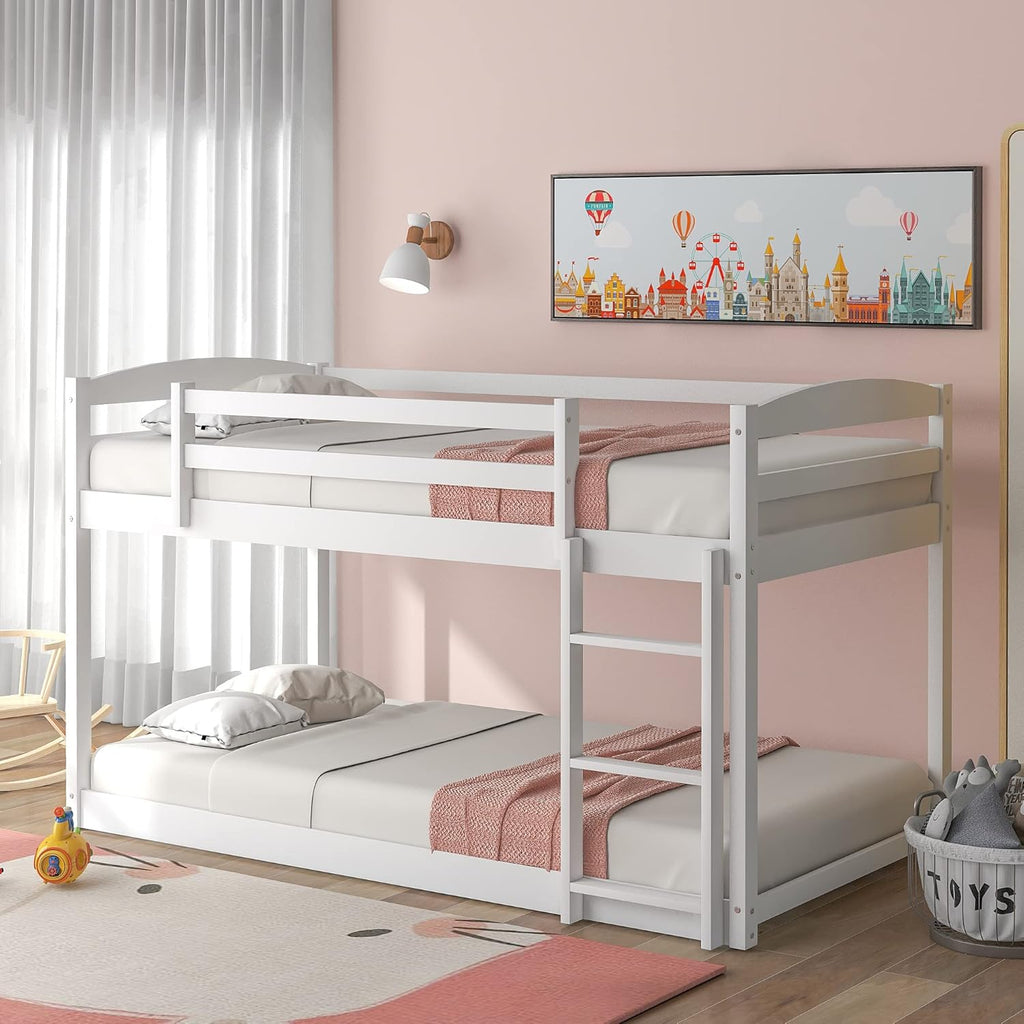 Gray Solid Wood Twin Over Twin Bunk Bed Frame with Ladder and Guardrails V354049