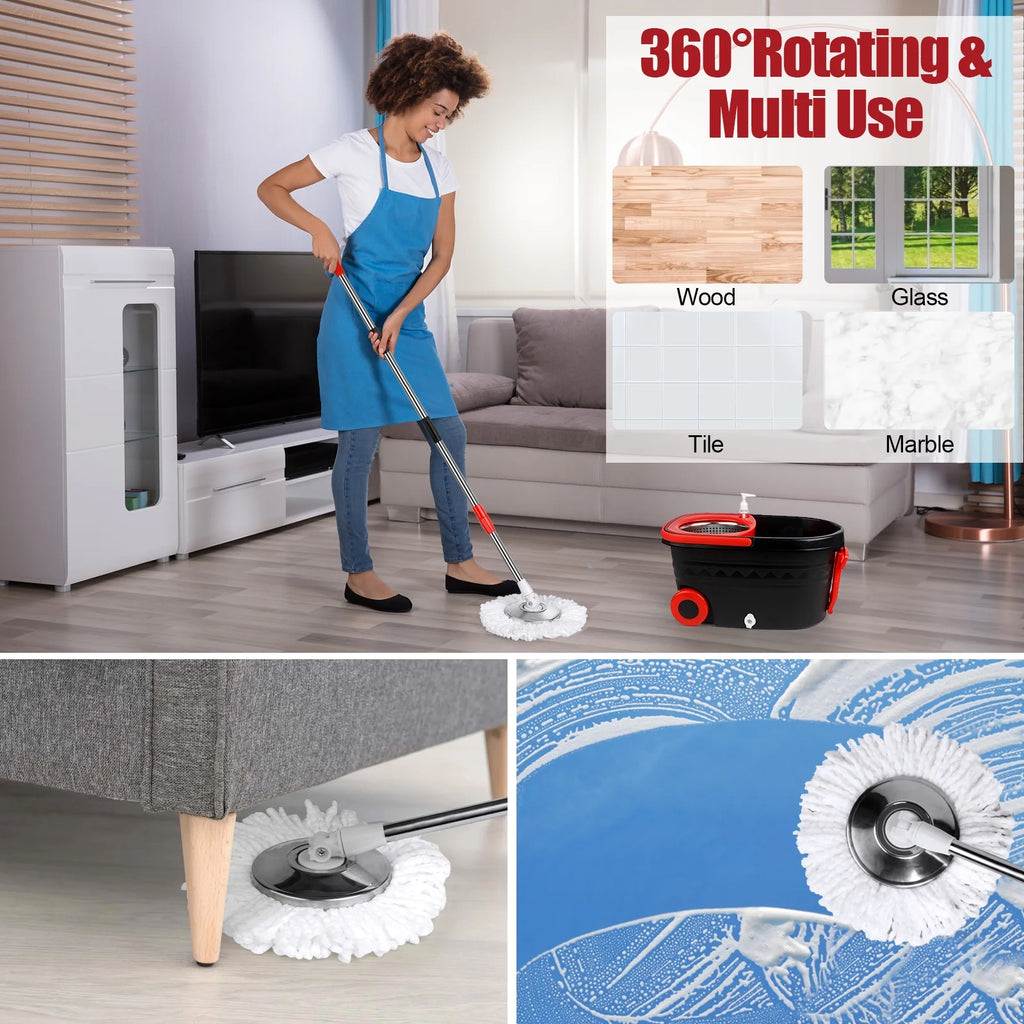 Spin Mop Bucket with Wringer Set, 3 Microfiber Replacement Mop Head Refills, Black/Red L81466