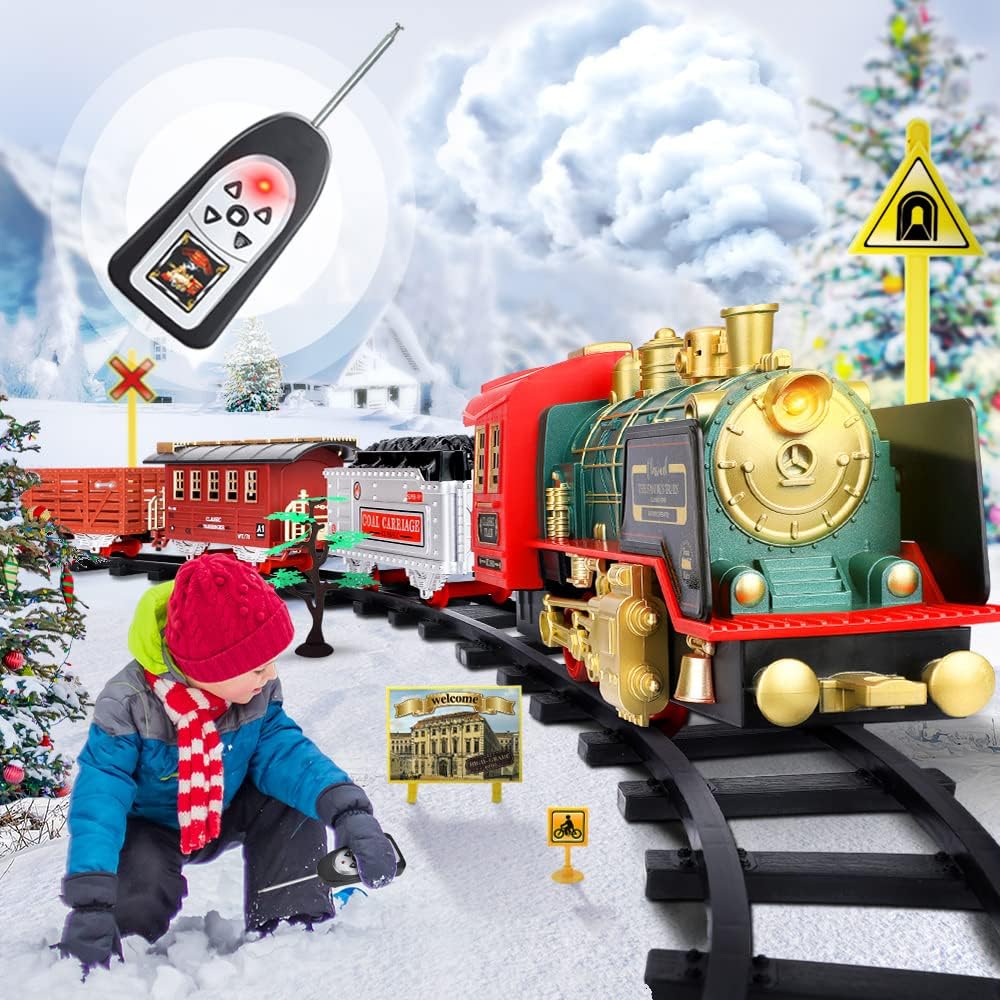 Electric R/C Train Toy with Steam Locomotive Engine, Cargo Cars & Tracks, Pack of 2 R125165