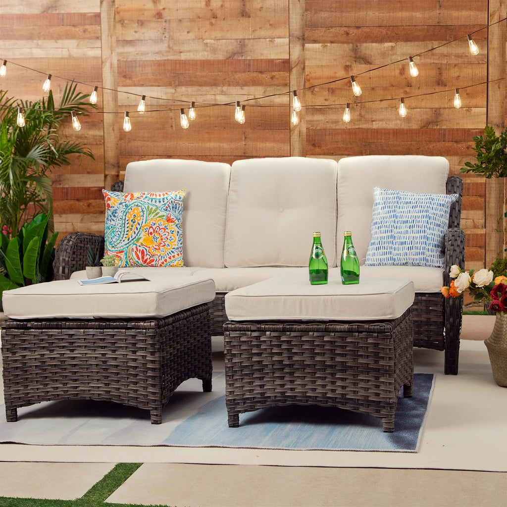 Beige Wicker 3-Piece Patio Sofa and Ottoman I762921
