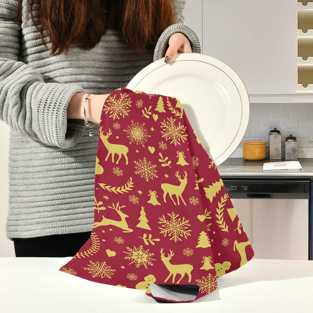 Reindeer Bells Snowflakes Kitchen Towels Set of 4 Dishcloths Ultra Absorbent 28'' x 18'' Q773
