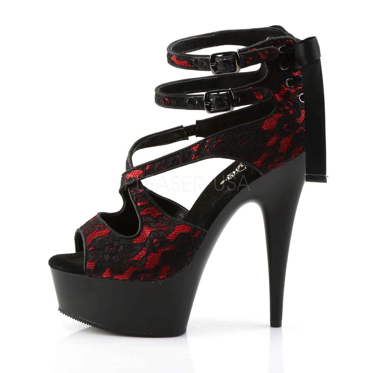 Red Satin-lace Black Matte Heels S579548
