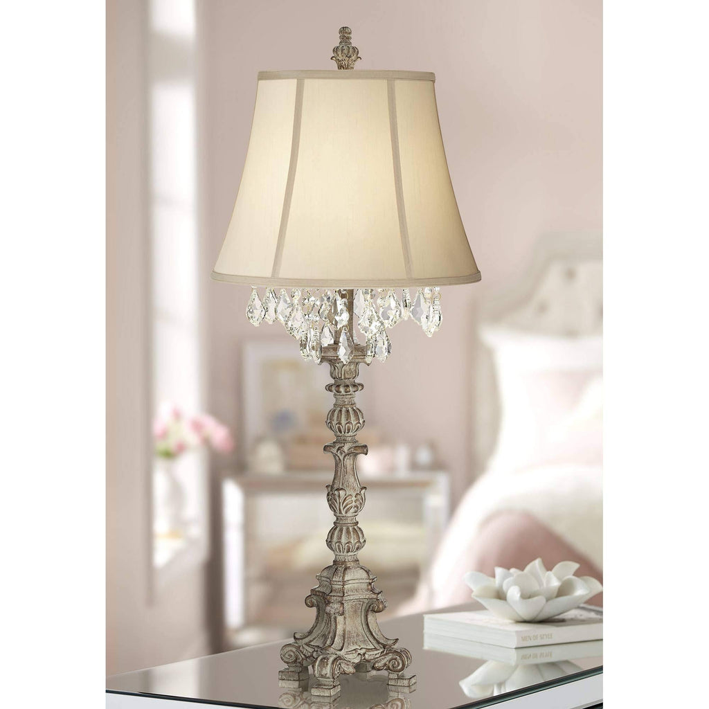 Crystal Antique White Candlestick Table Lamp with Beige Bell Shade R88300