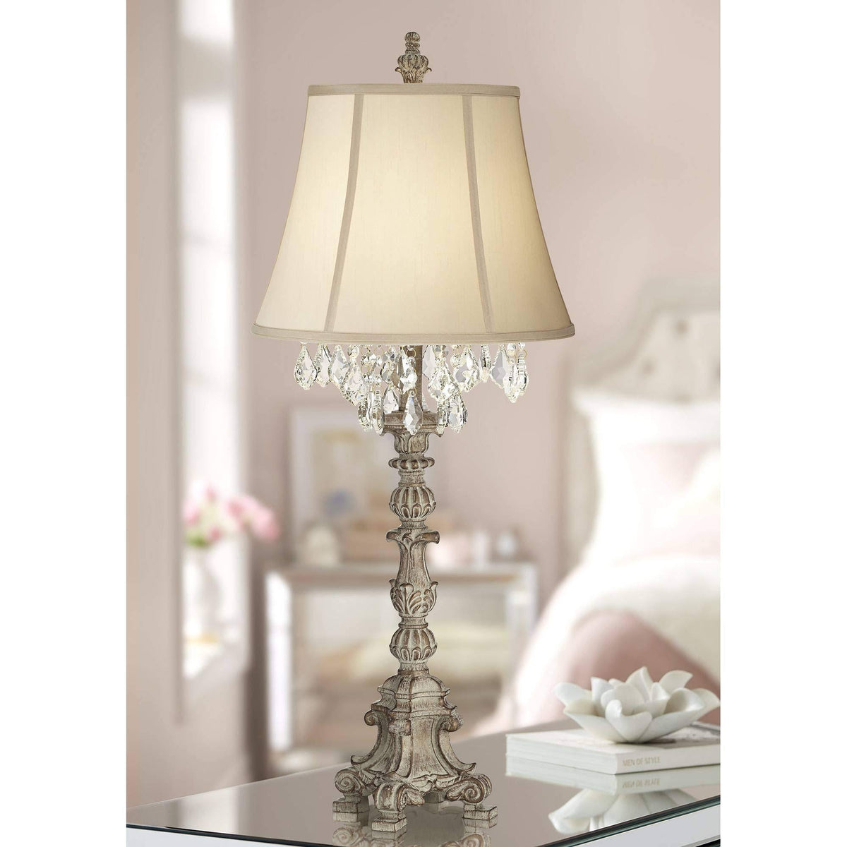 Crystal Antique White Candlestick Table Lamp with Beige Bell Shade R88300