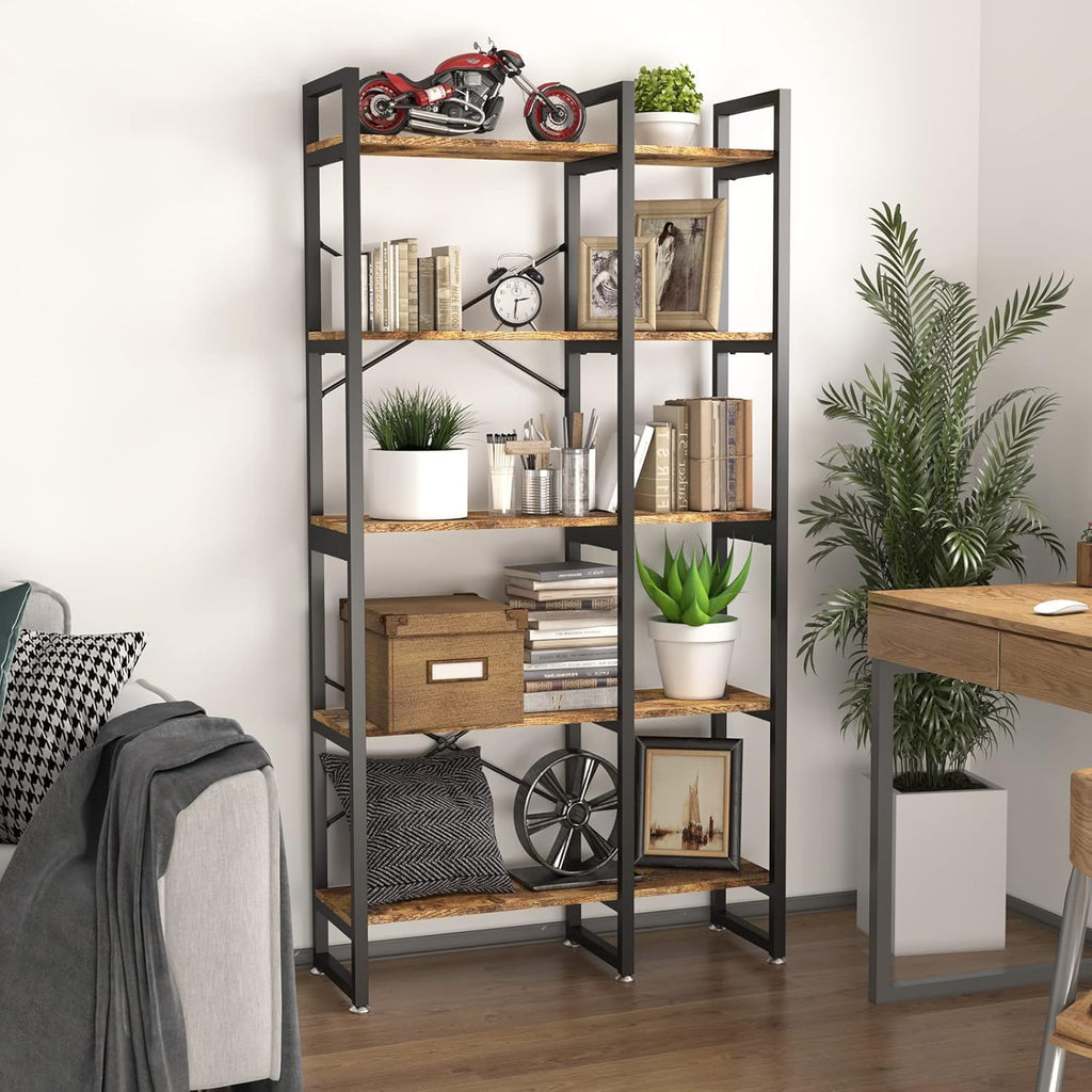 Rustic Industrial 5 Tiers Bookcase with Metal Frame C439
