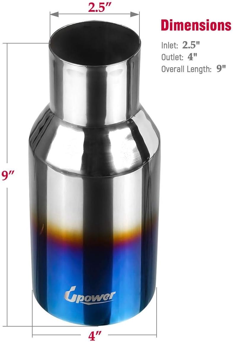 2.5 Inch Inlet 4 Inch Outlet Blue Burnt Exhaust Tip 9" Long Double Wall Straight Cut 304 SS Weld On Pack of 2 L43601