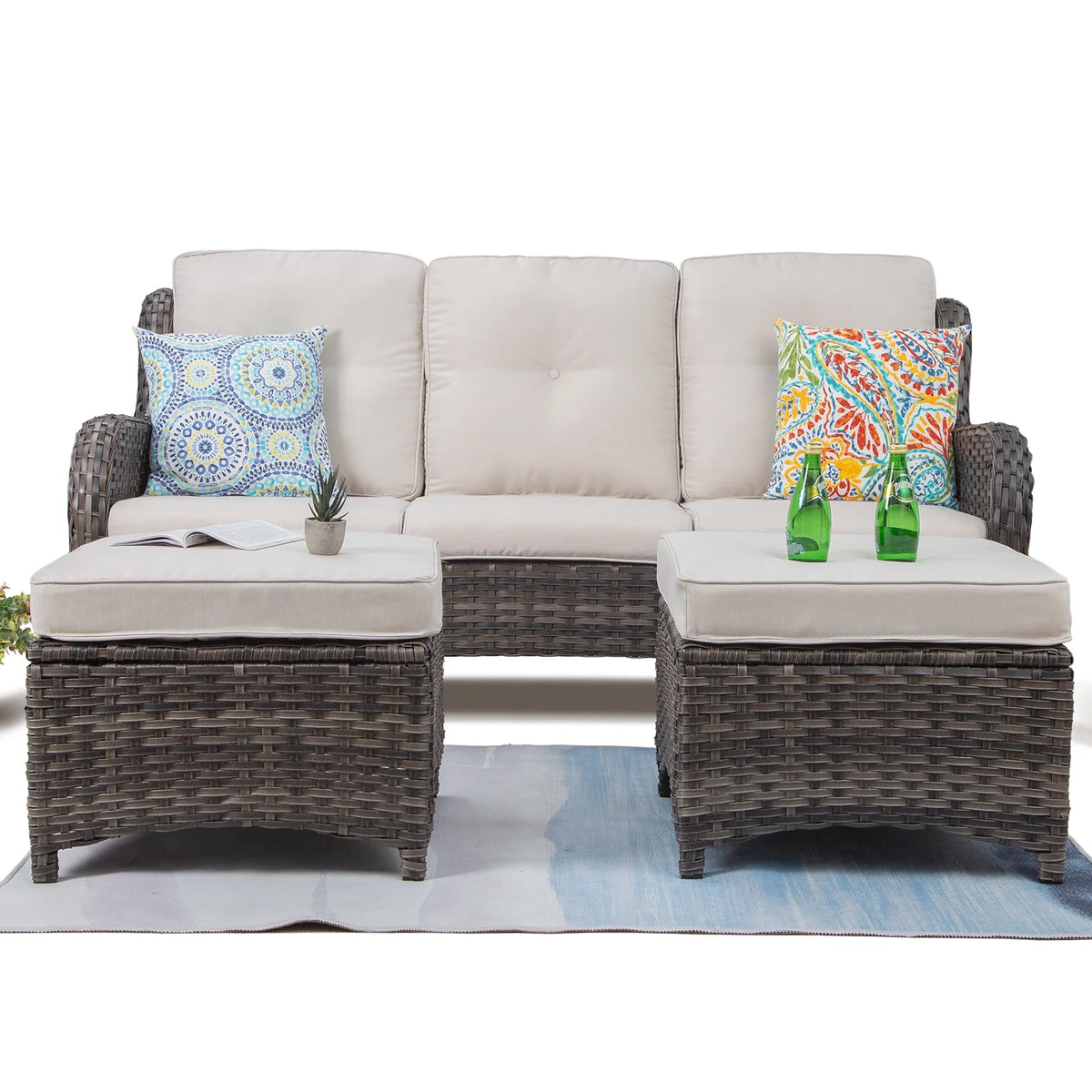 Beige Wicker 3-Piece Patio Sofa and Ottoman I762921