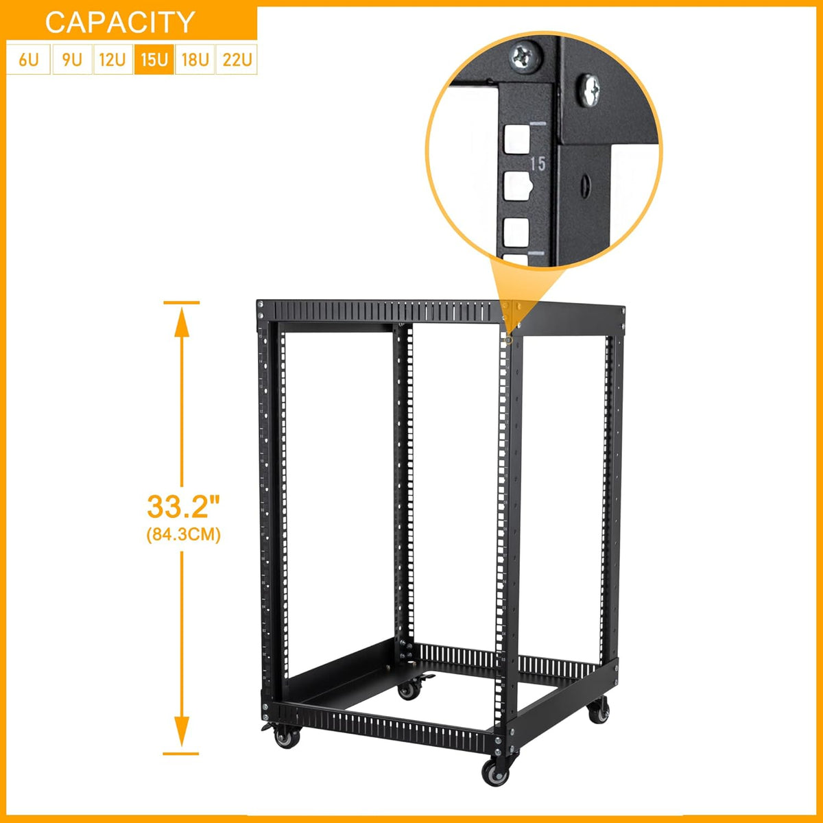 Black 18U Open Frame Server Rack with Brake Casters S903539