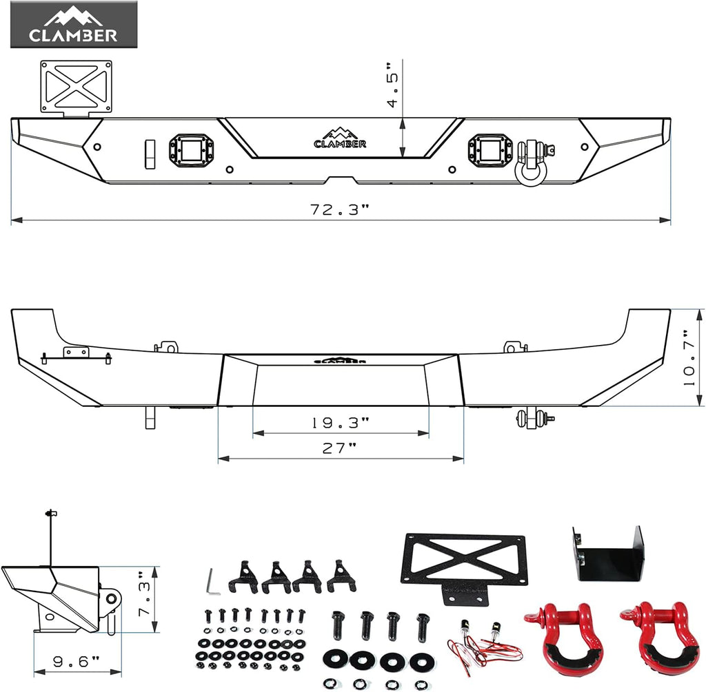 Full-Width Textured Black Rear Bumper with 2PCS LED Flood Lights Y627