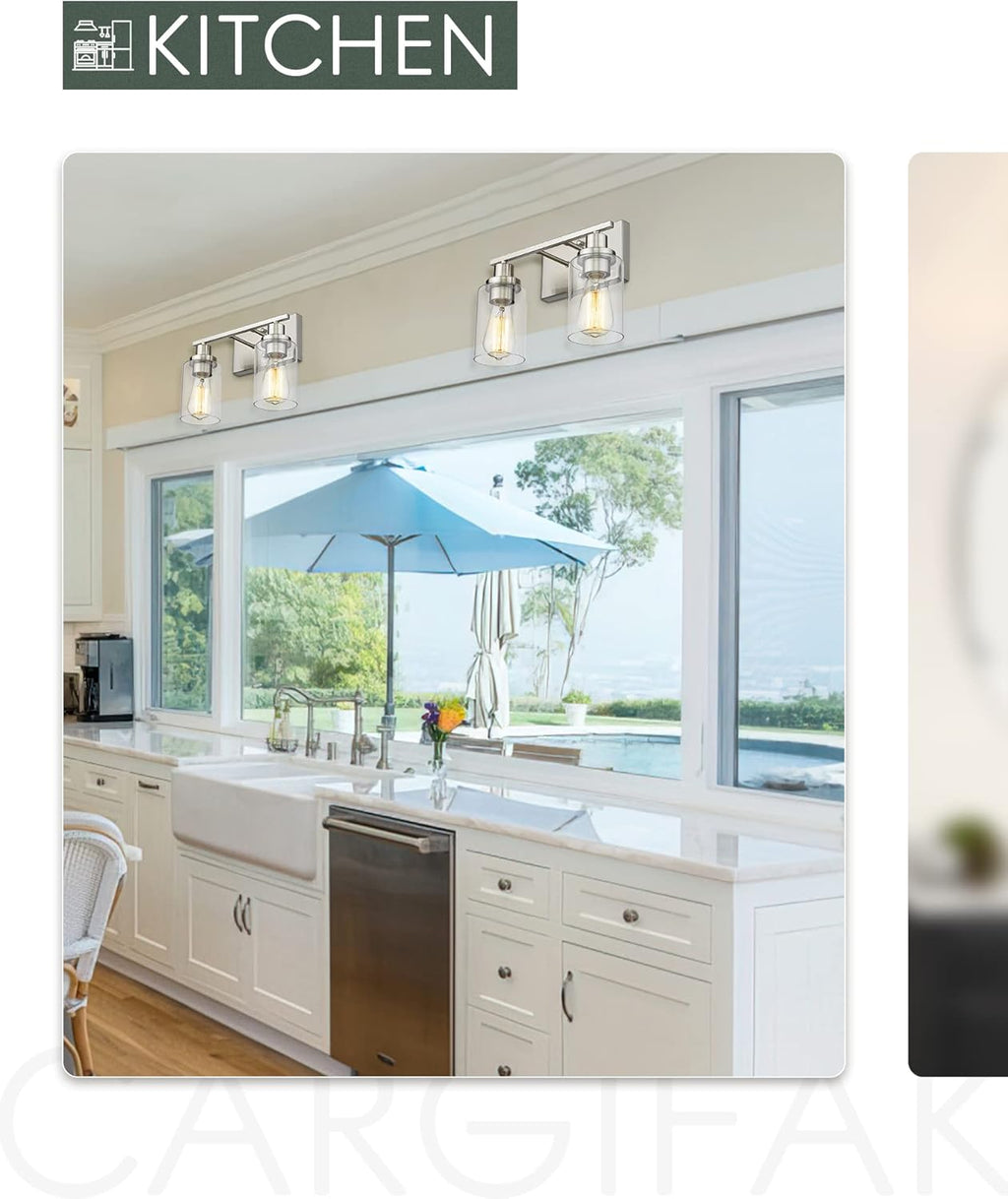 2-Light Brushed Nickel Vanity Wall Light Fixtures with Clear Glass Lampshade C608