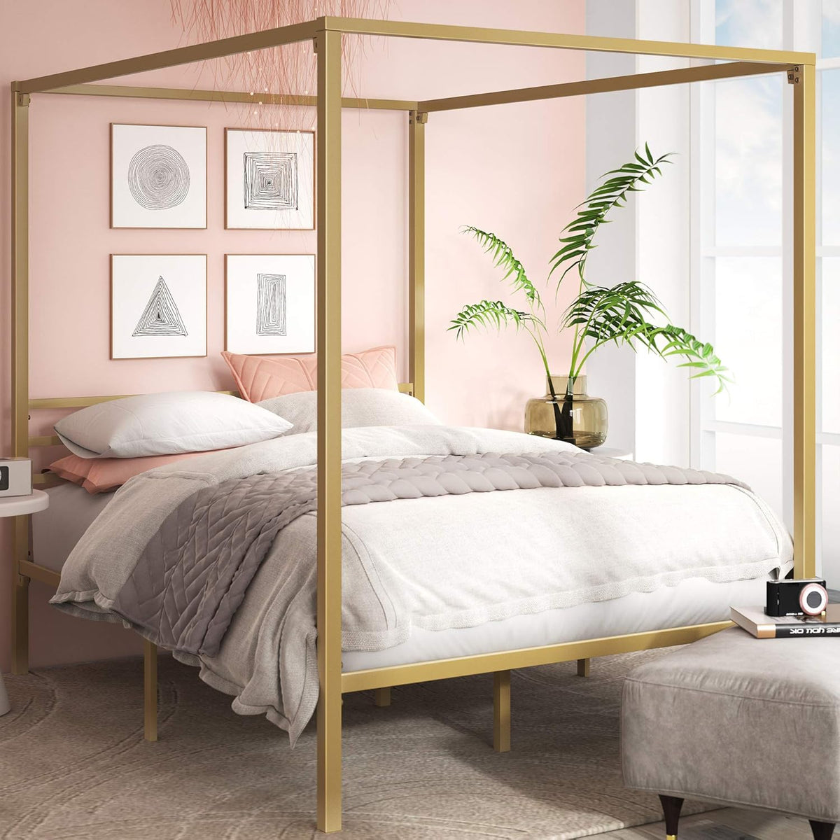 Black Metal Canopy Platform Bed Frame with Steel Slat Support, Full E201