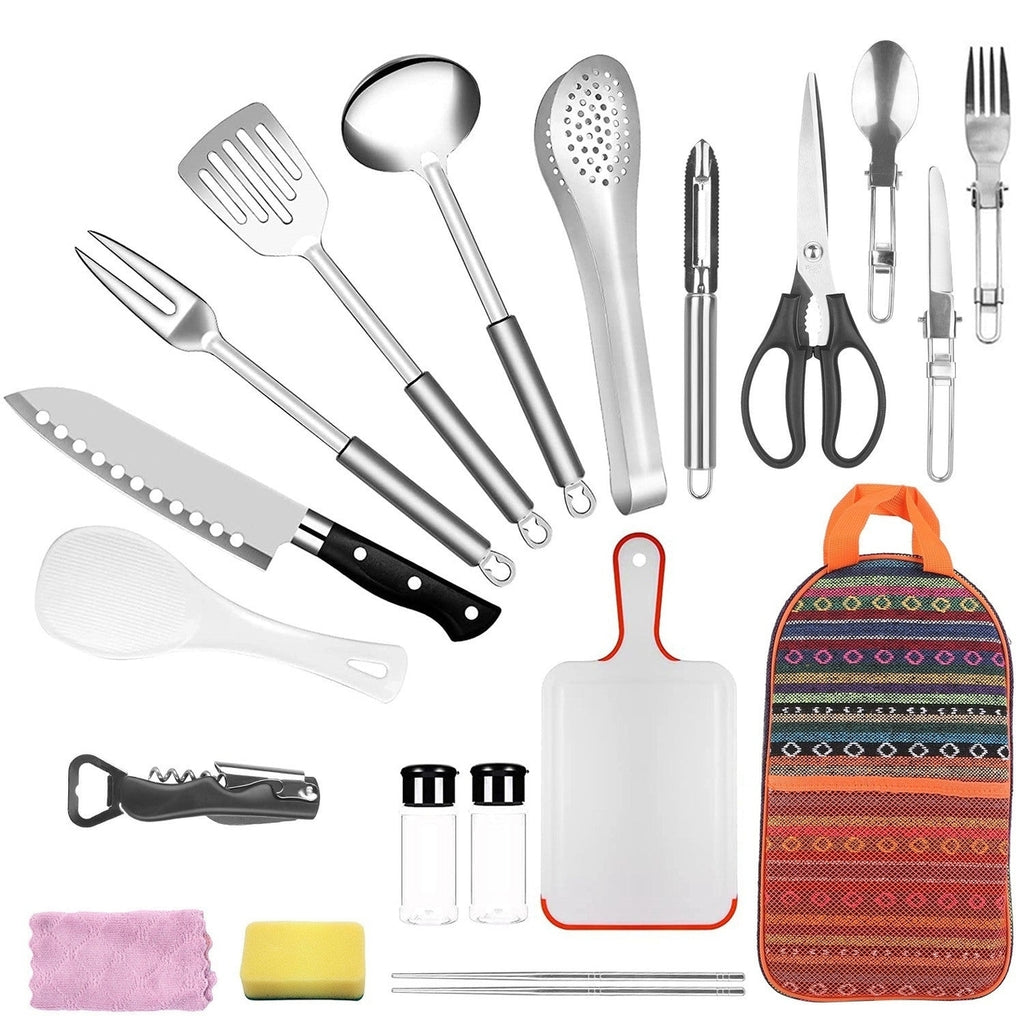 19Pcs Camping Cooking Utensil Kit Portable Picnic Cookware N64249