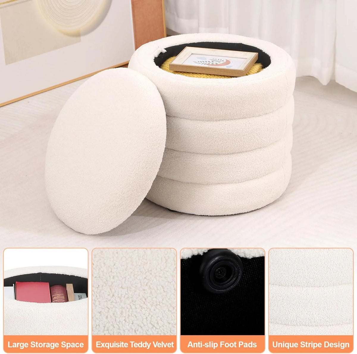 White Velvet Round Ottoman with Storage R557366