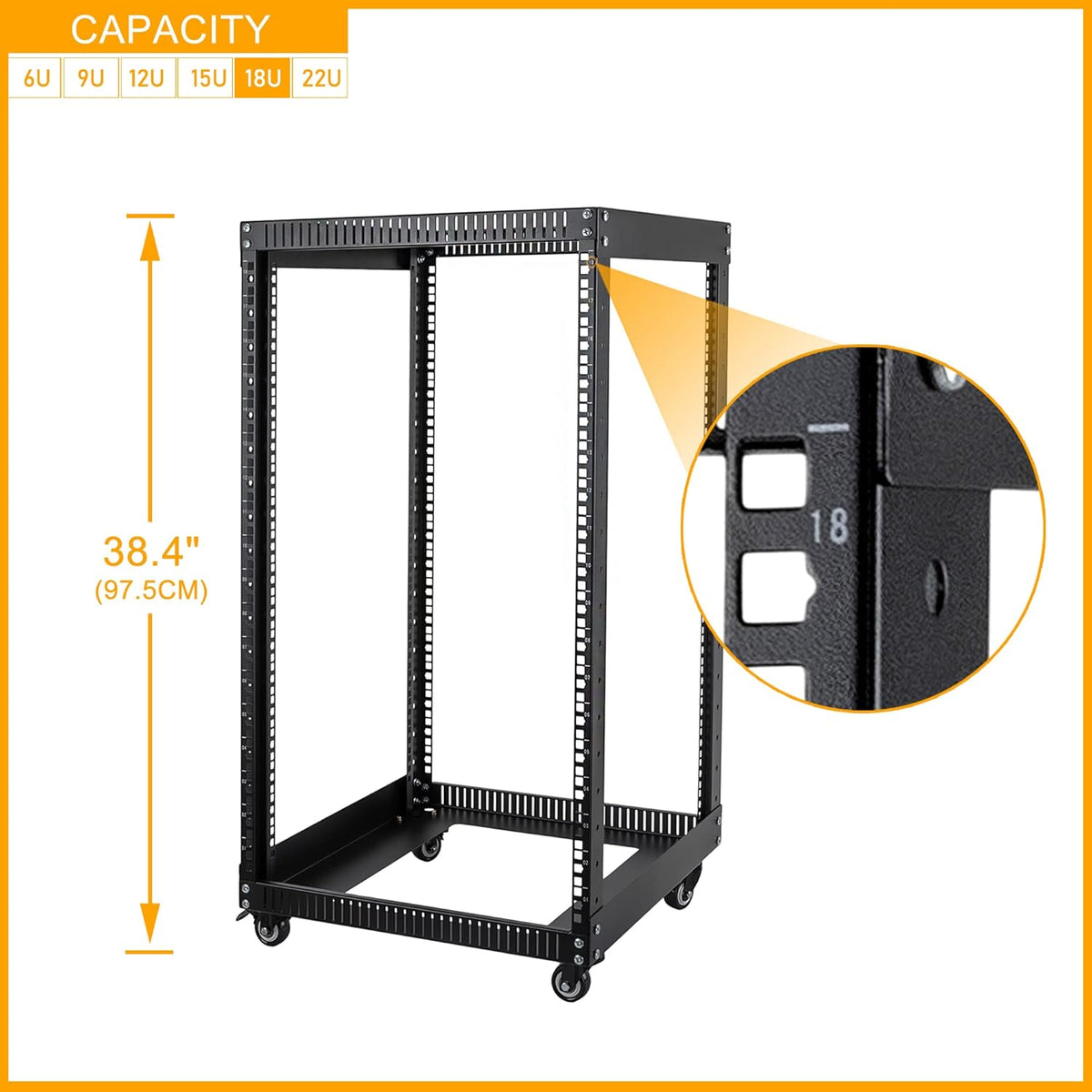 Black 18U Open Frame Server Rack with Brake Casters S903539
