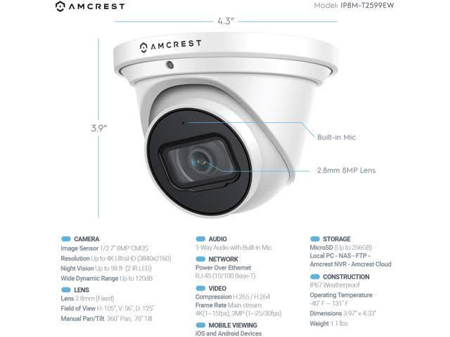 4K Outdoor Security IP Turret PoE Camera, 98ft Nightvision, 2.8mm Lens, IP67 Weatherproof Z882039