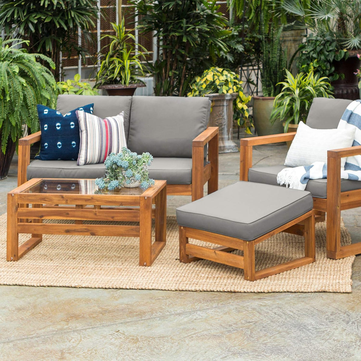 4 Piece Acacia Wood Outdoor Chat Set with Glass Top Coffee Table X55327