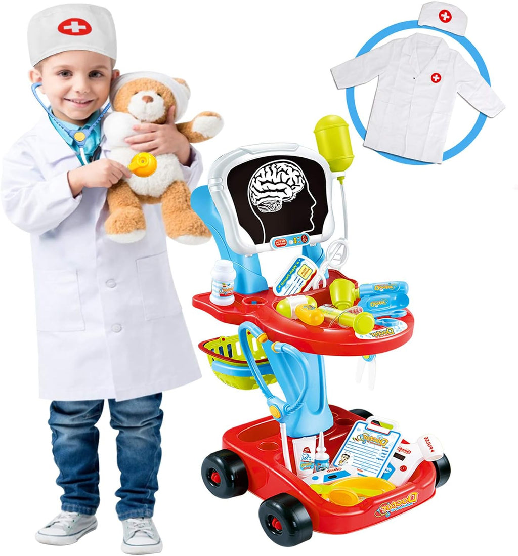 Doctor Cart Kit with Stethoscope Doctor Coat Light X-Ray Double-Decker Trolley Dress Up Doctor Costume Playset Toys Q677573