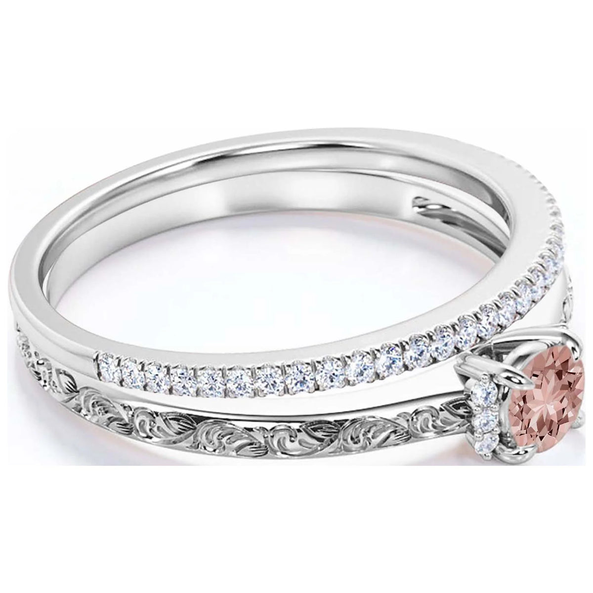1.25 Carat Round Cut Morganite And Diamond Moissanite Engagement Ring in 10k Solid White Gold W4396