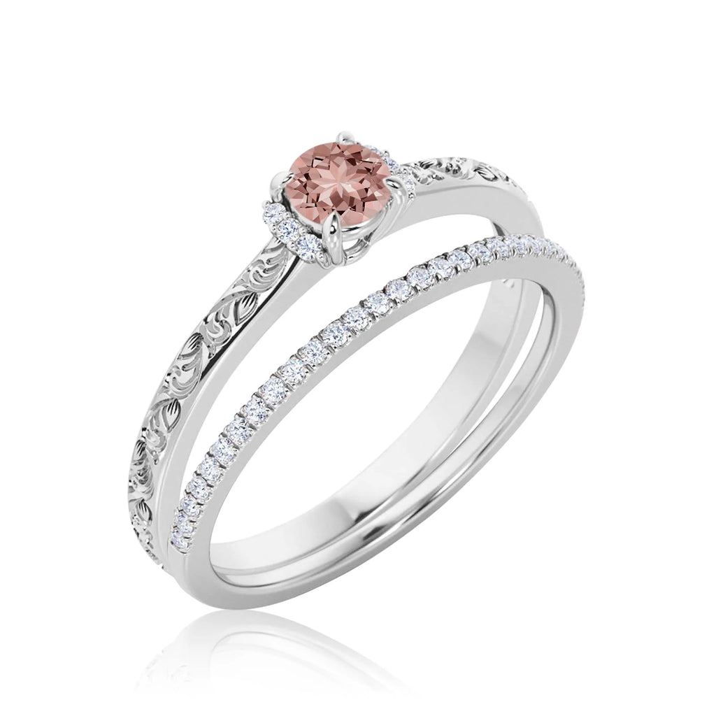 1.25 Carat Round Cut Morganite And Diamond Moissanite Engagement Ring in 10k Solid White Gold W4396