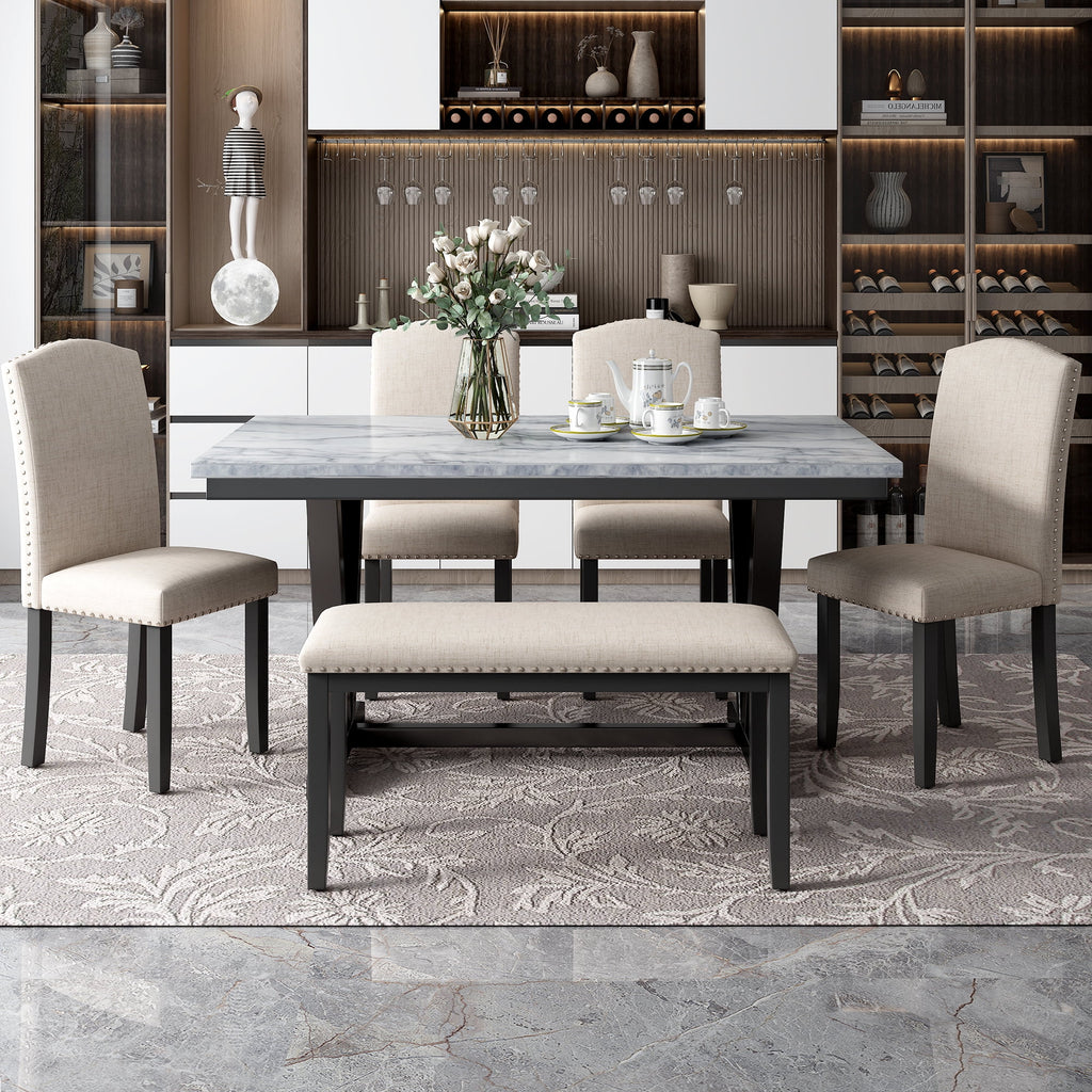 6-piece Dining Table with 4 Chairs & 1 Bench, White Y37832