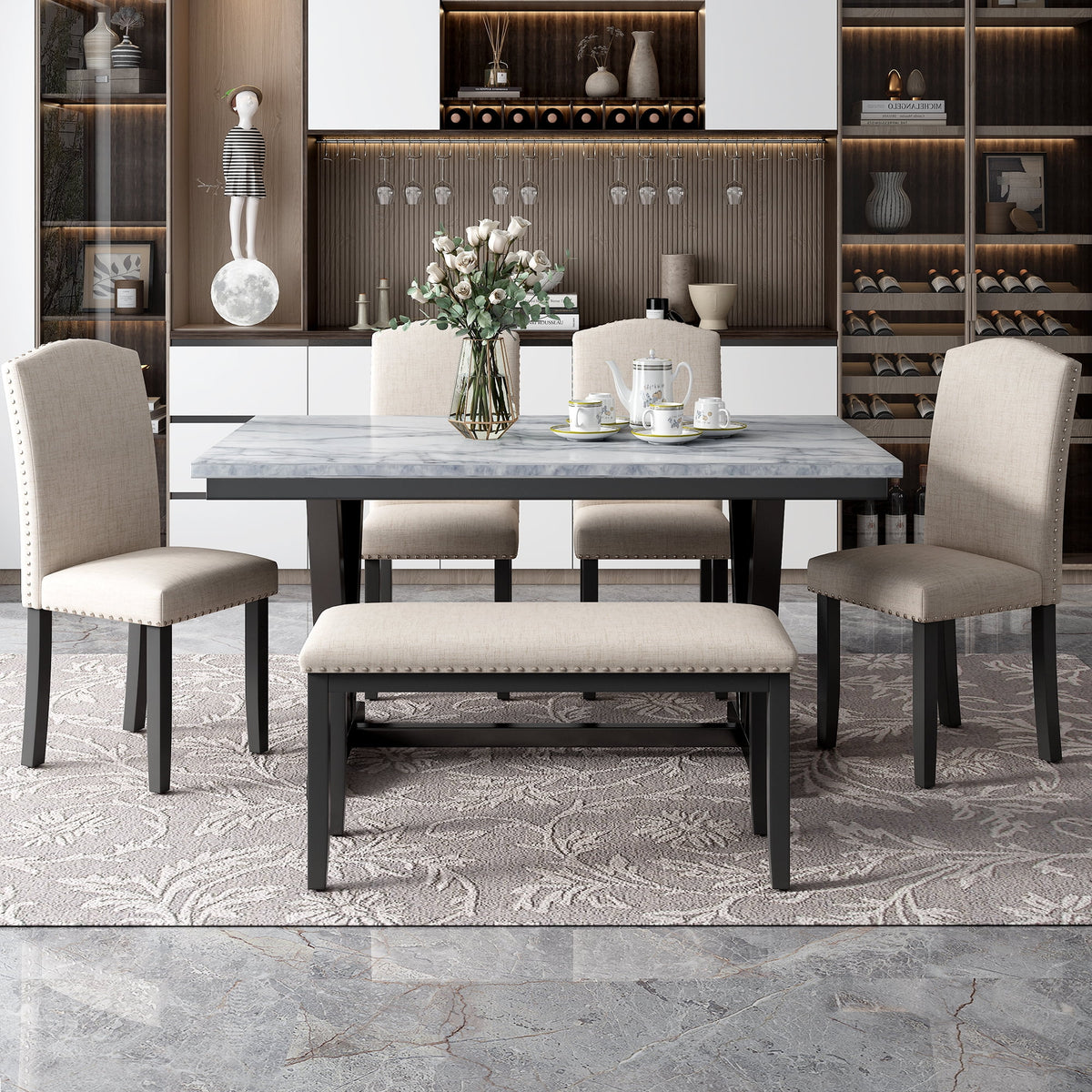 6-piece Dining Table with 4 Chairs & 1 Bench, White Y37832