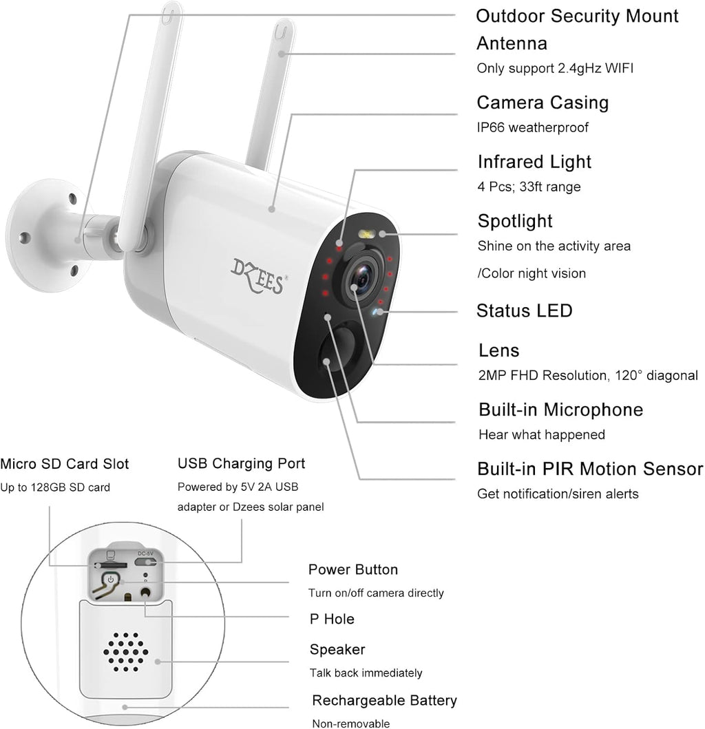 Solar Security Camera Outdoor Wireless with Siren and Spotlight, Battery Powered WiFi, Motion Detection, Color Night Vision, IP66 Waterproof D6074