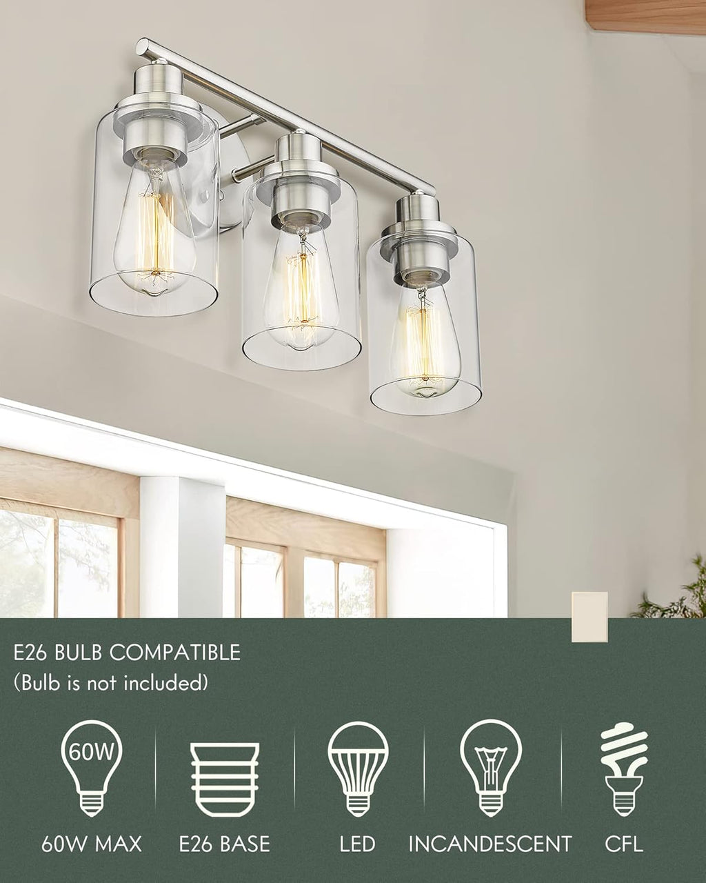 2-Light Brushed Nickel Vanity Wall Light Fixtures with Clear Glass Lampshade C608