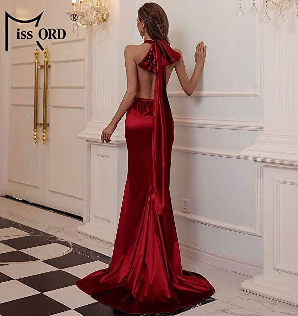 Red Medium V Neck Sleeveless Long Halter Dress P90988