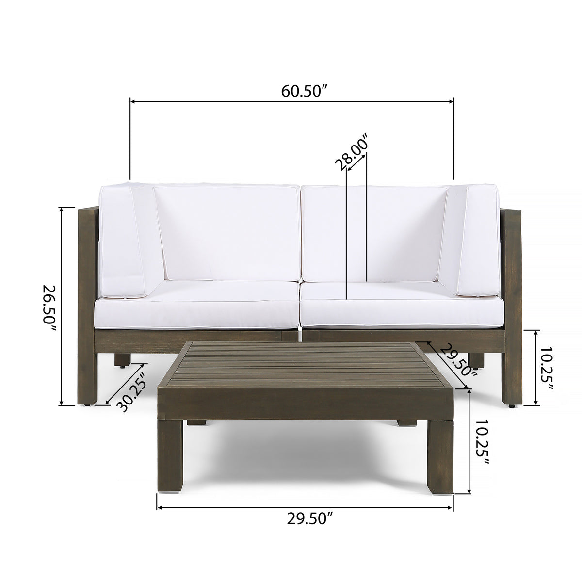 Gray and White Acacia Wood Sectional Loveseat with Coffee Table O300