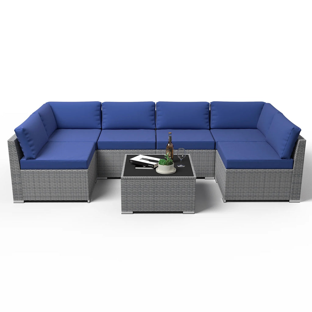 7 Piece Outdoor Wicker Patio Furniture Set with Coffee Table, Dark Blue W4274