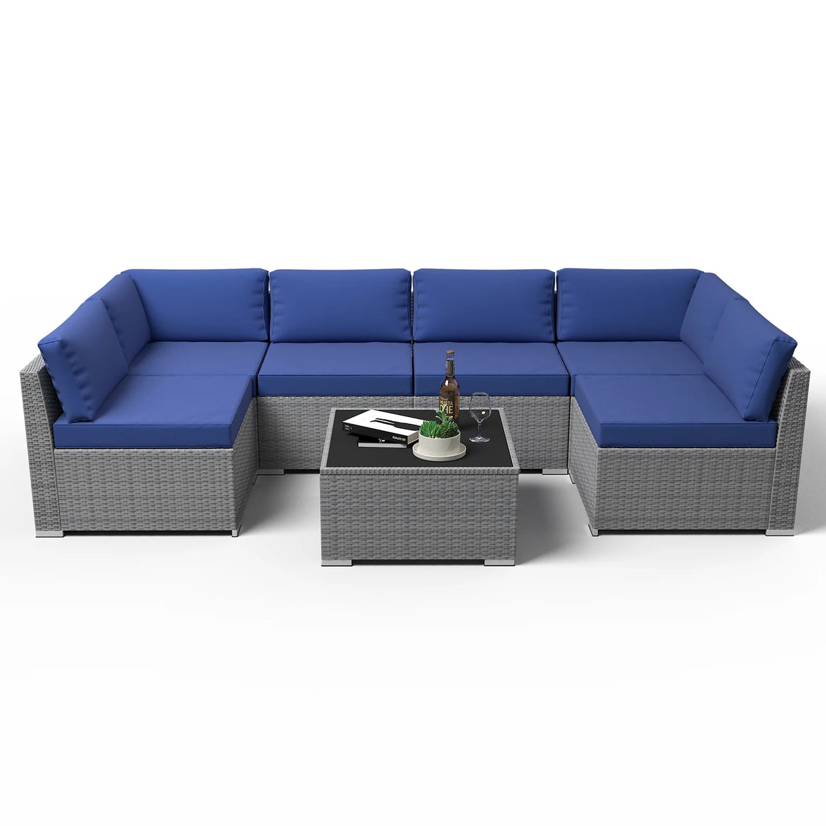 7 Piece Outdoor Wicker Patio Furniture Set with Coffee Table, Dark Blue W4274