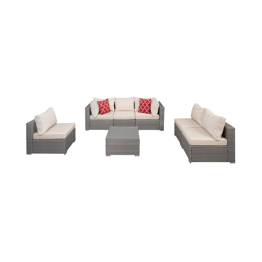7-Piece Outdoor Rattan Wicker Sectional Seating Set with Cushions, Gray/Ivory O64938