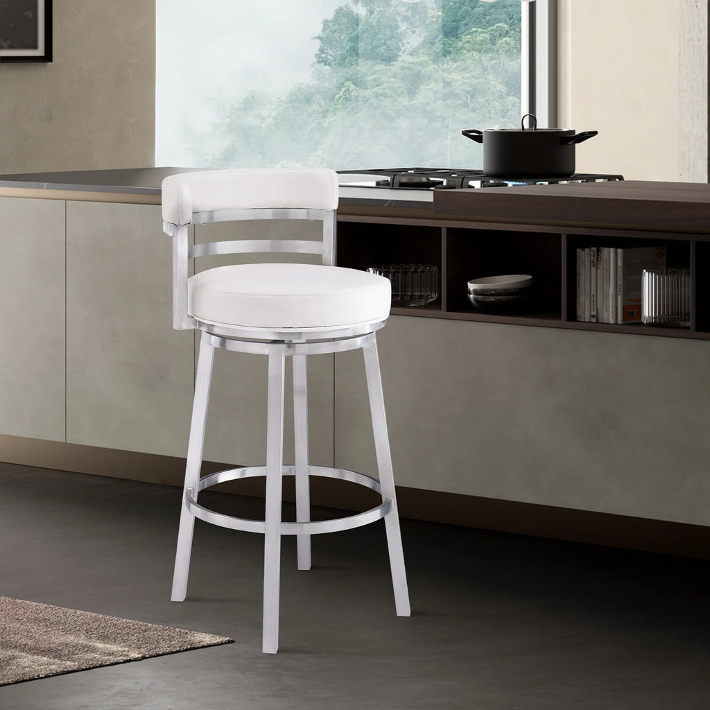 White Faux Leather and Brushed Stainless Steel Bar Stool U8346