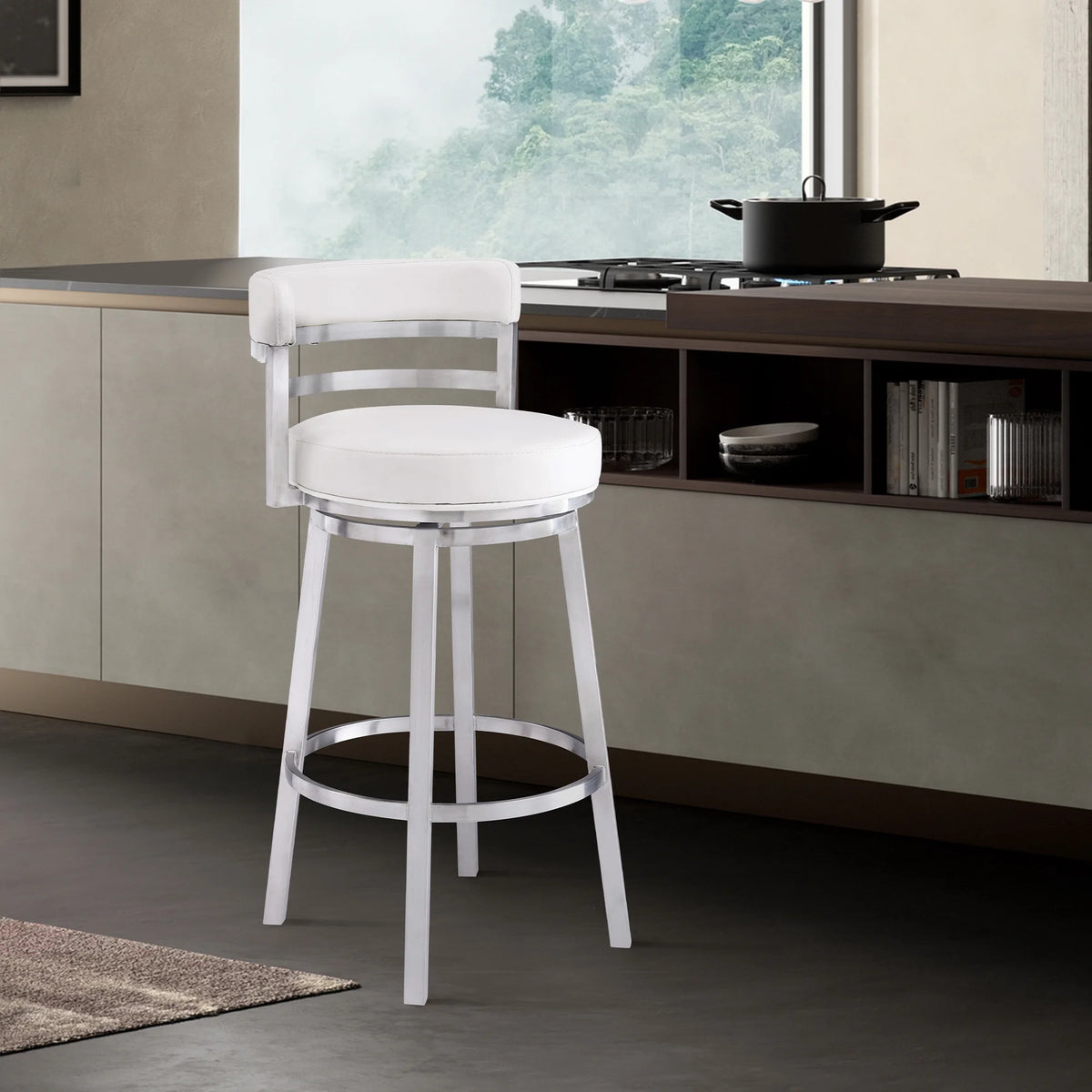 White Faux Leather and Brushed Stainless Steel Bar Stool U8346