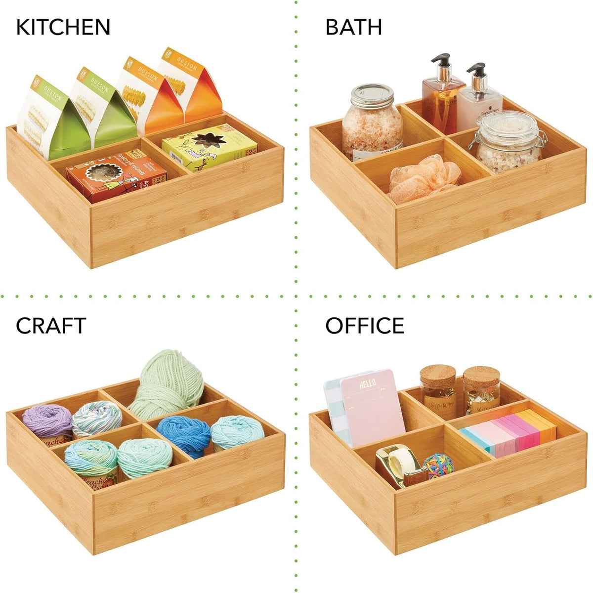 Bamboo Kitchen Cabinet Pantry Organizer Bin, 4 Divided Sections, 2 Pack G7127