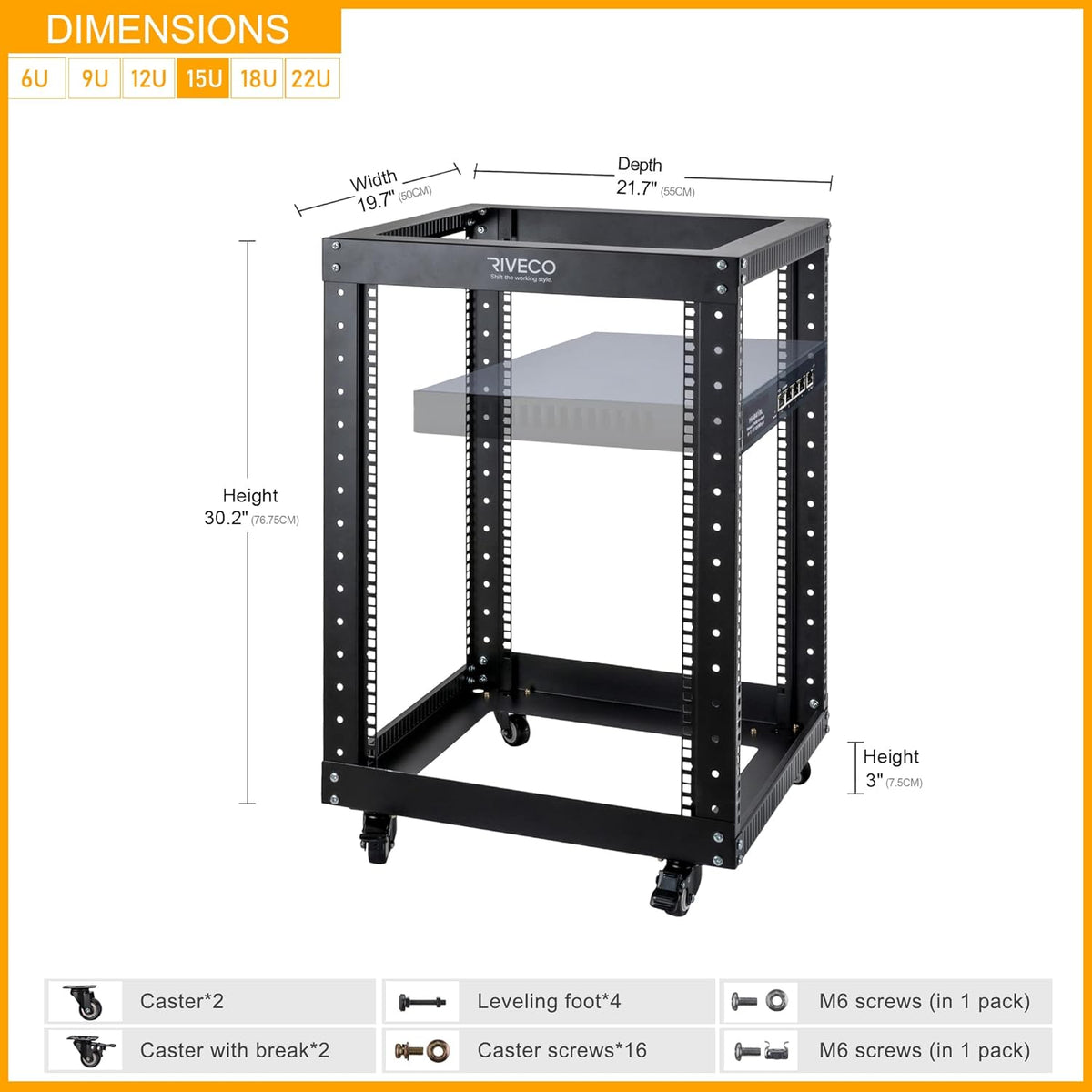 Black 18U Open Frame Server Rack with Brake Casters S903539