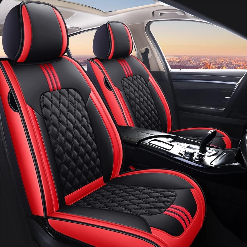 Black-red Leather Universal Car Seat Covers Full Set V1538