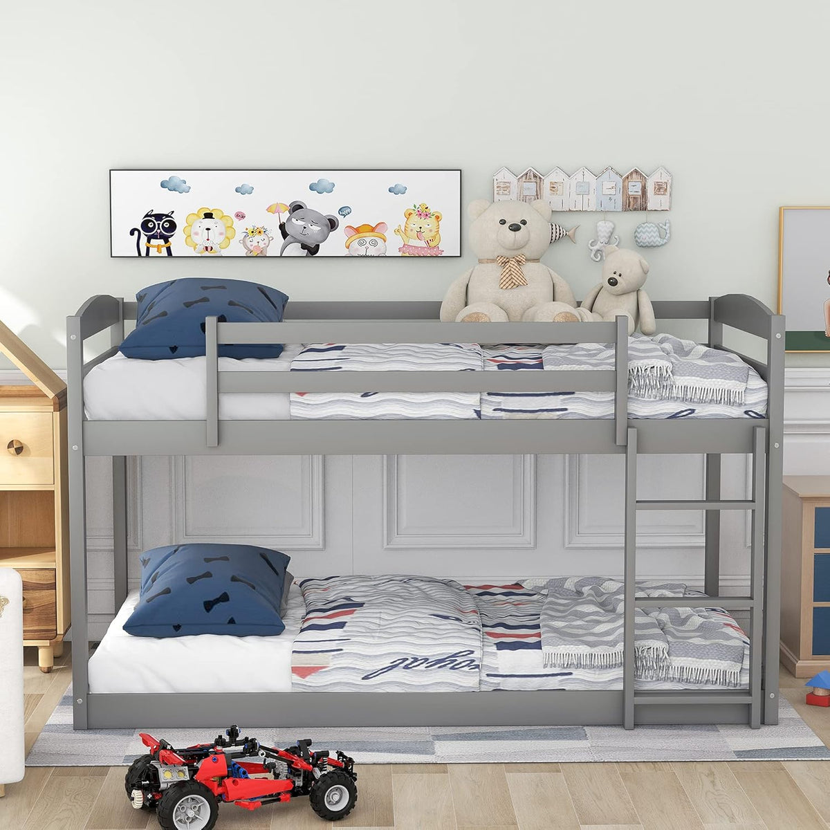 Gray Solid Wood Twin Over Twin Bunk Bed Frame with Ladder and Guardrails V354049